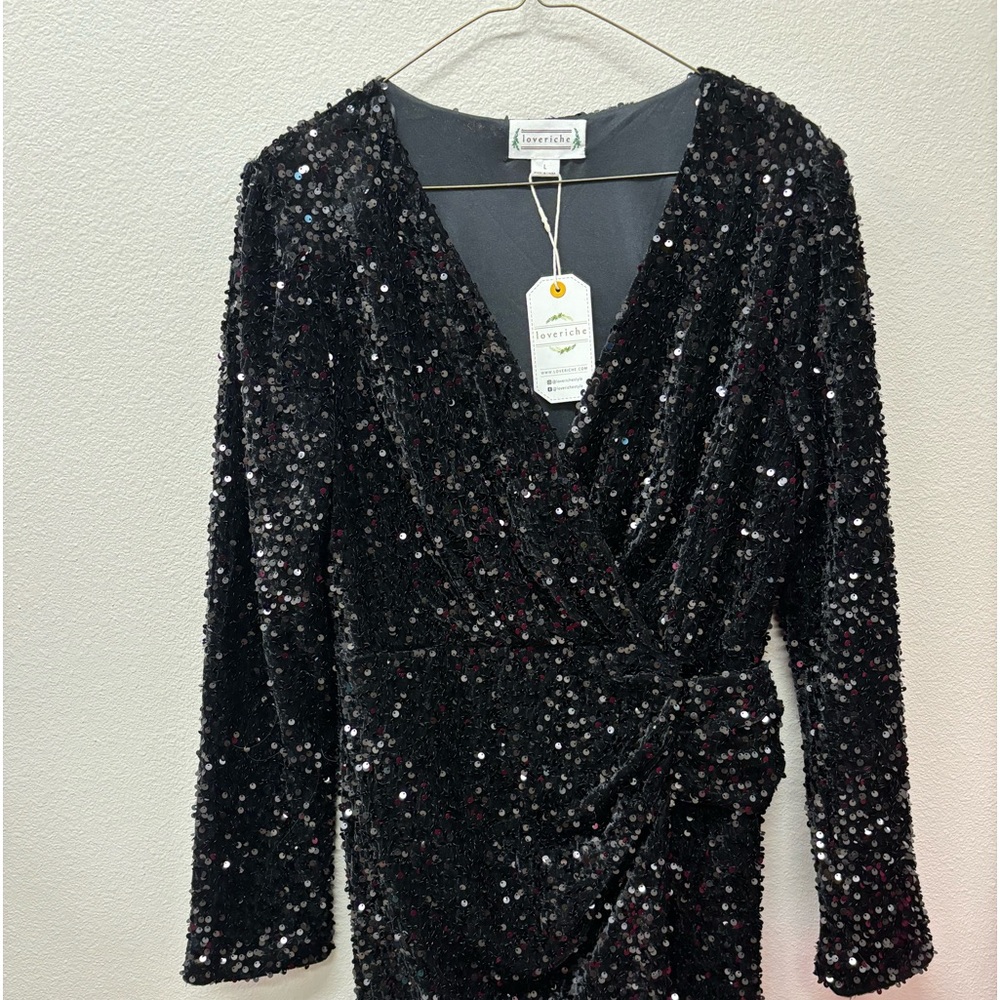 Loveriche Black sequin dress long sleeve short ruched large L